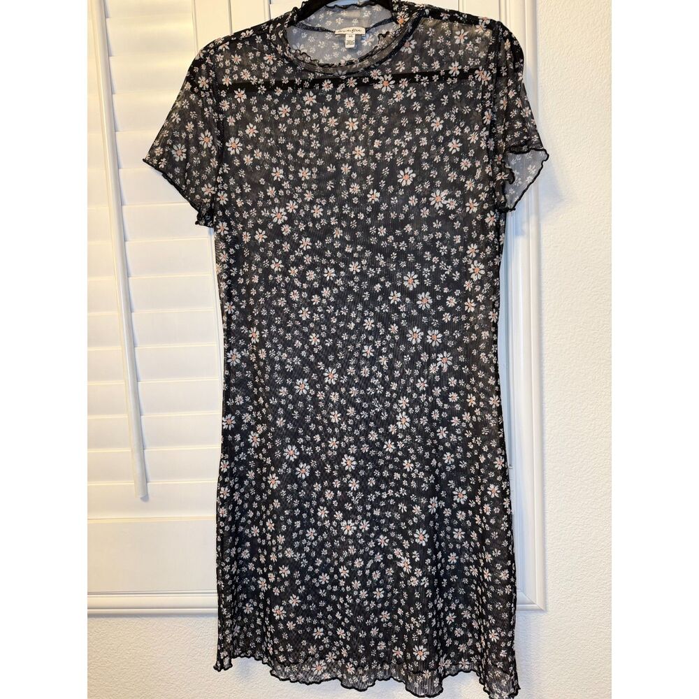 Love Fire Black Daisy Floral Sheer Mesh Mock Neck Mini Dress 90s Gothic - L
